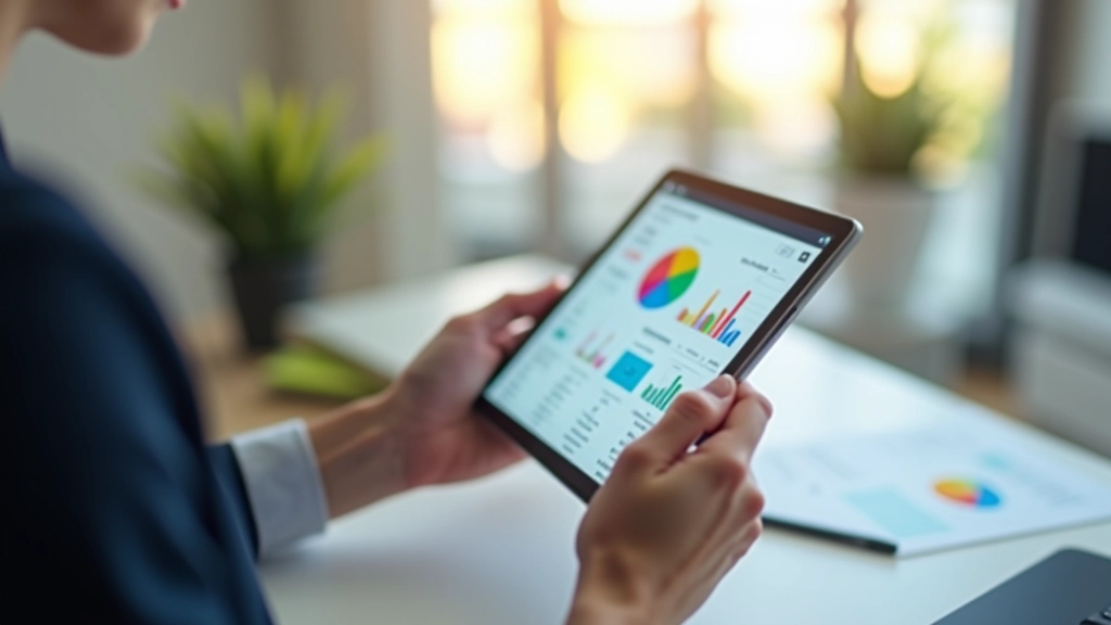 Mano de diseñador apuntando a tablet con gráfico interactivo y datos animados en pantalla