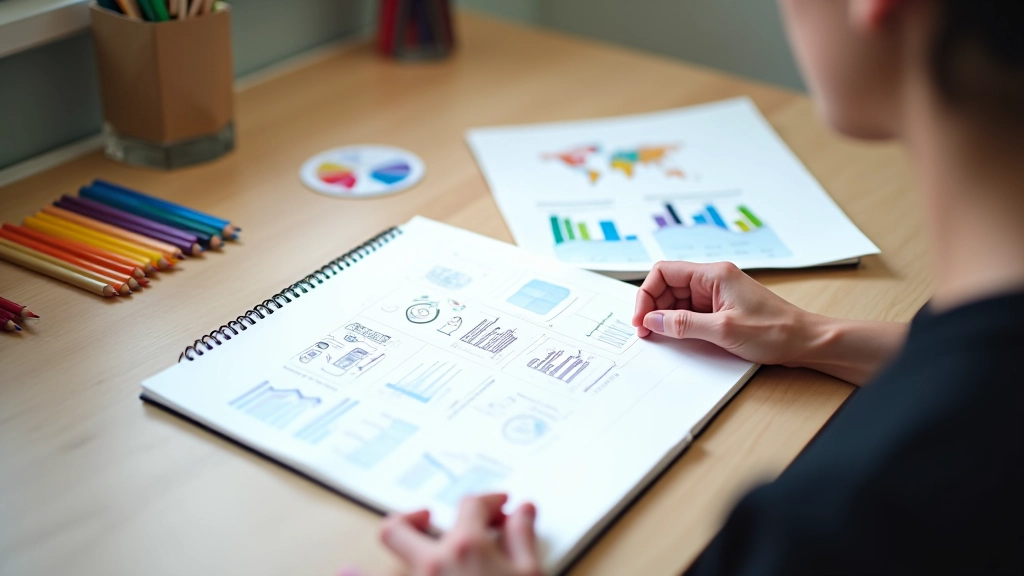Libreta de diseño con bocetos de infografías animadas junto a paleta de colores profesionales