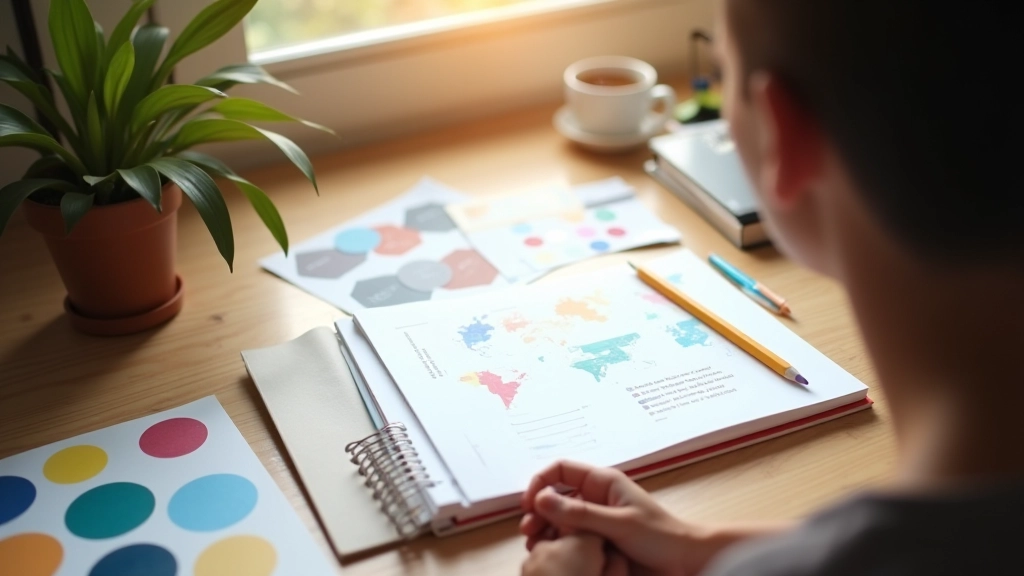 Libreta de diseño profesional con bocetos de infografías y paleta de colores junto a materiales de diseño