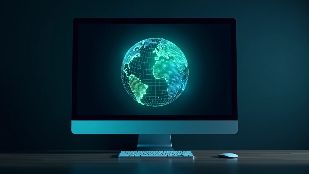 Pantalla con modelo 3D de globo terraqueo rotando, colores gradientes del azul al verde