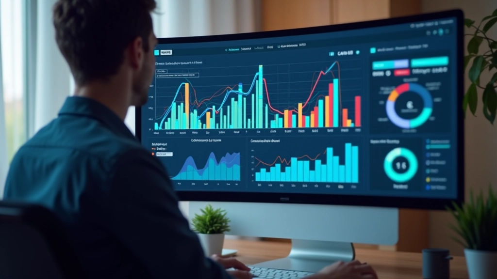 Pantalla de computadora mostrando gráficos animados en movimiento con datos coloridos y dinámicos