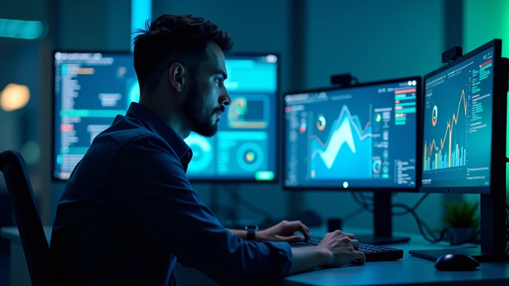 Estudio de animación de infografías con múltiples pantallas mostrando visualizaciones de datos en movimiento
