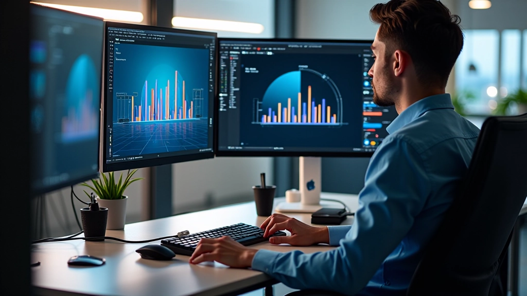Espacio de trabajo de diseño con múltiples monitores mostrando herramientas de software de animación y archivos de infografías en desarrollo